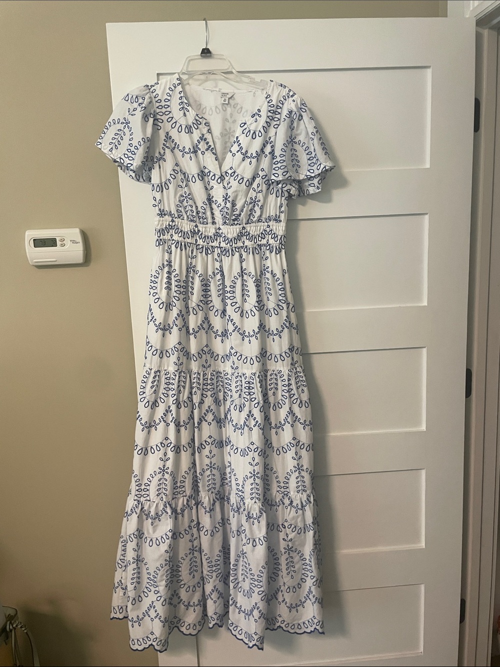 crown & ivy White Maxi Dress with Blue Embroidery
